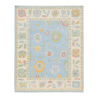 8x10 Modern Oushak Style Hand-Knotted Wool Rug - Pastel Blue & Cream Floral For Sale