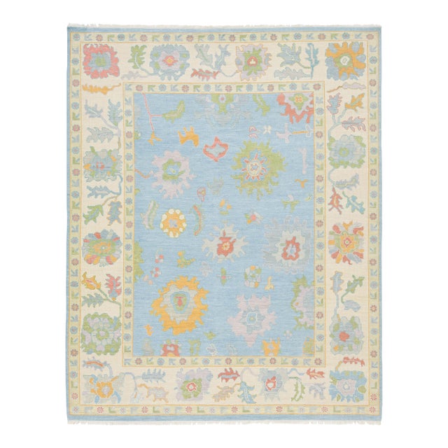 8x10 Modern Oushak Style Hand-Knotted Wool Rug - Pastel Blue & Cream Floral For Sale