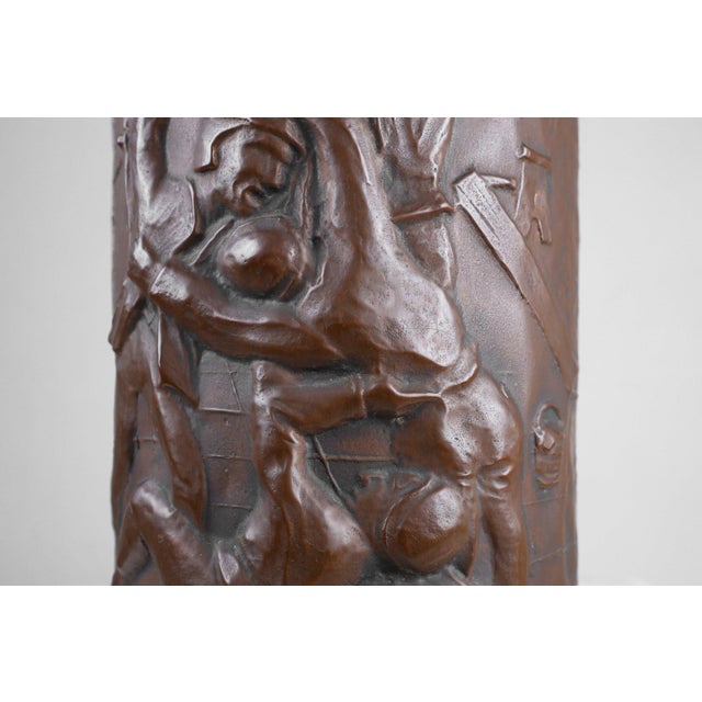 Metal Copper Umbrella Stand with Hammered Relief of Medieval Café, France, 1900s For Sale - Image 7 of 13
