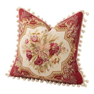 Vintage Hand-Tufted Needle Point Pillow Cover With Pom Pom Fringe & Zipper – 19” X 19” For Sale
