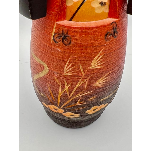 Black Vintage Sosaku Kokeshi Doll in Red Kimono With Floral Kimono For Sale - Image 8 of 12