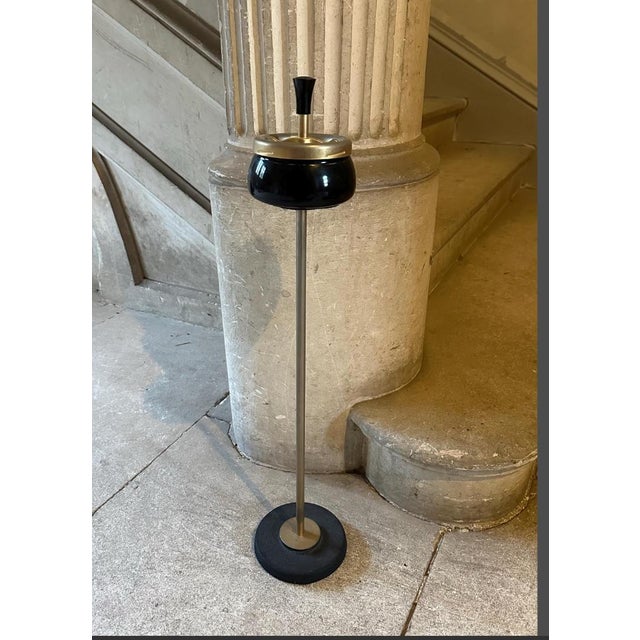 Metal Vintage French Mid-Century Modern Standing Ashtray, Black & Brass, 1950s For Sale - Image 7 of 8
