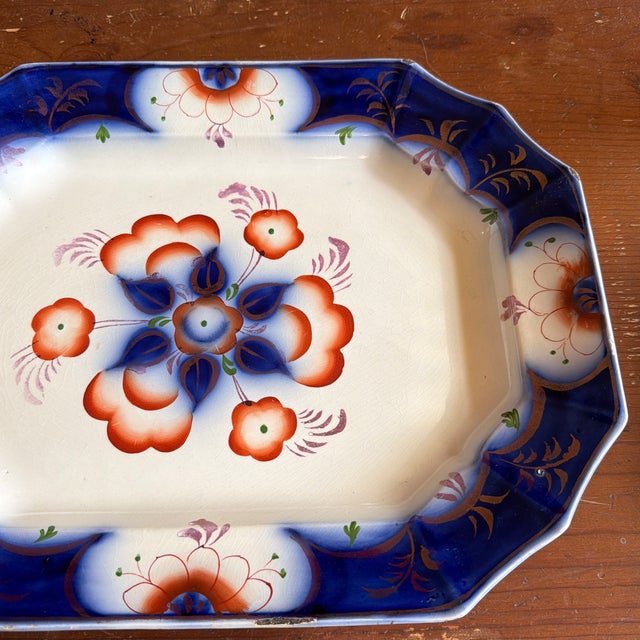 Antique Gaudy Welsh Crescent Pinwheel Flow Blue Large Platter, Circa 1840s For Sale - Image 11 of 12