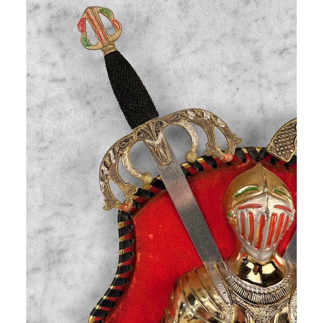 1970s Vintage Spanish Revival Medieval Knight Coat of Arms Wall Plaque For Sale - Image 5 of 10