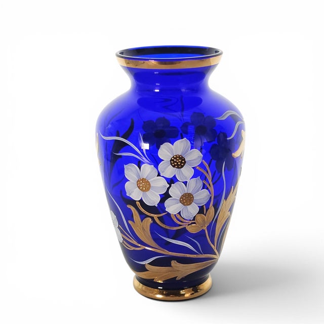Victorian Bohemian Czech Hand-Blown Cobalt Blue Enamel & Fire-Gilt Cabinet Vase 8" For Sale - Image 3 of 17