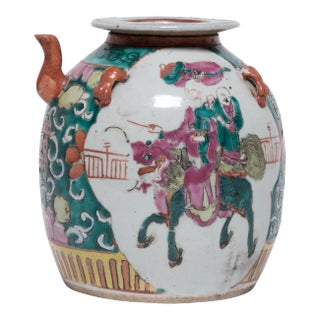 Antique Chinese Enamelware Teapot With Mythical Qilin For Sale