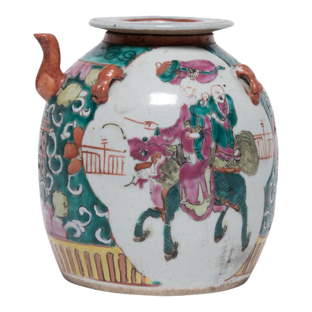 Antique Chinese Enamelware Teapot With Mythical Qilin For Sale