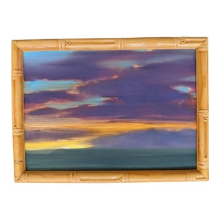 Original Mid Century Sunset Seascape Painting in a Bamboo Frame For Sale