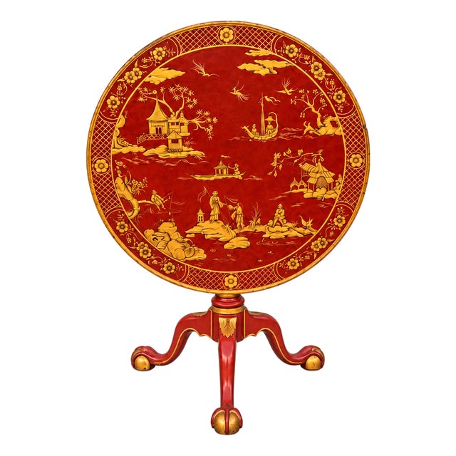 English Georgian Style Red Lacquer and Gilt Chinoiserie Tilt-Top Tripod Table For Sale