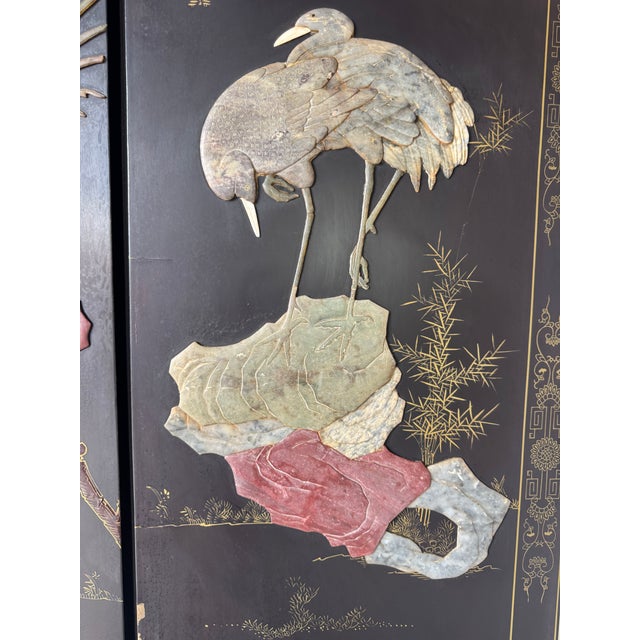1960s Vintage Asian Hand-Carved Soapstone Six-Panel Folding Screen With Birds, Flowers & Foliage For Sale - Image 5 of 12