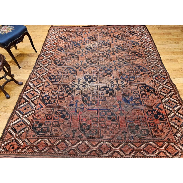 Vintage Turkmen Ersari in Allover Geometric Pattern in Red, Blue, Navy For Sale In Chicago - Image 6 of 16