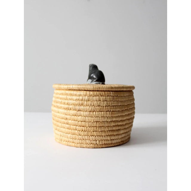 Mid 20th Century Vintage Basket With Lid and Carved Stone Handle For Sale - Image 5 of 13