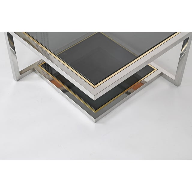 Coffee Table in Chrome, Brass, Burl Wood, and Smoked Glass, Italy, 1970s For Sale - Image 14 of 16