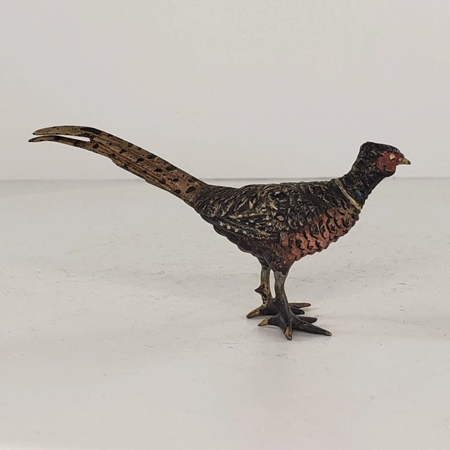 Figurative Vintage Mid 20th Century Austria Bronze Cold Painted Ring-Necked Pheasant Miniature Figurines - a Pair For Sale - Image 3 of 13