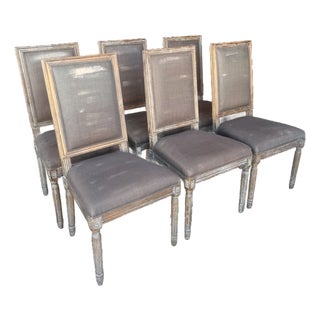 Restoration Hardware Set of 6 Vintage French Square Cane Back Dining Chairs in Belgian Linen For Sale