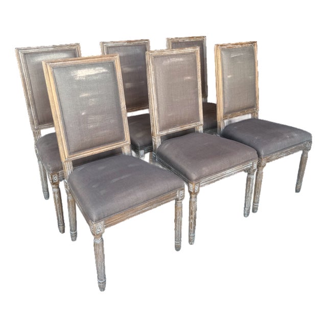 Restoration Hardware Set of 6 Vintage French Square Cane Back Dining Chairs in Belgian Linen For Sale