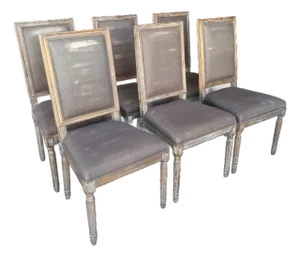 Restoration Hardware Set of 6 Vintage French Square Cane Back Dining Chairs in Belgian Linen