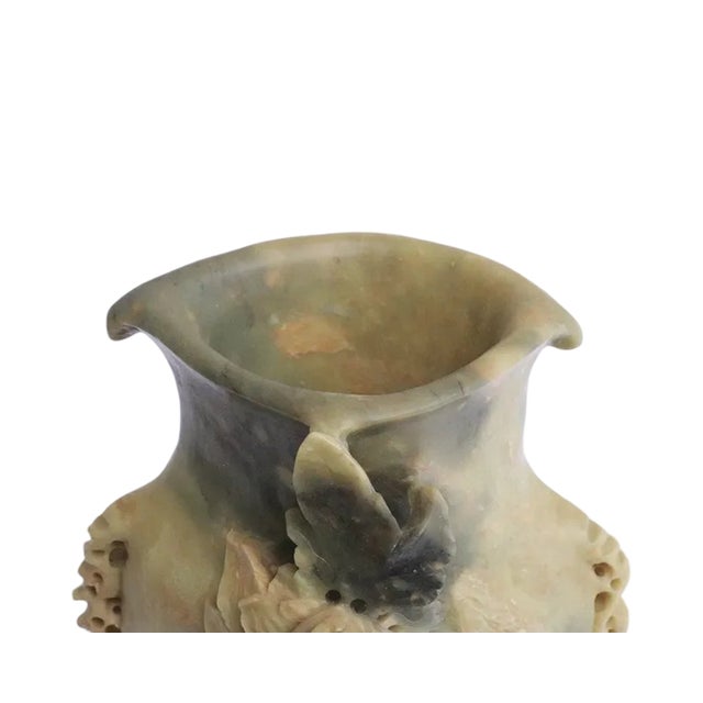 Mid 20th Century Large Chinese Hand-Carved Soapstone Vase With Floral, Butterfly & Bird Relief on Stand, 11.7"h For Sale In Los Angeles - Image 6 of 10