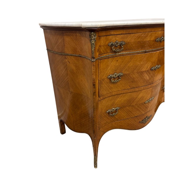 French Mid 20th Century French Louis XV Style Marble Top Bombe Walnut Commode For Sale - Image 3 of 4
