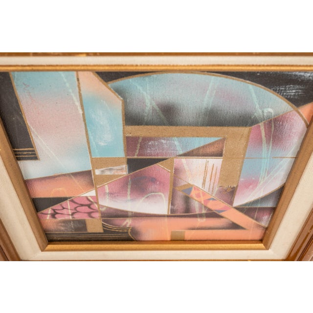 Blue Framed Signed Mid-Century Modern Geometric Abstraction Oil on Canvas Painting by Fred Blassingham, Usa, C. 1980s For Sale - Image 8 of 13