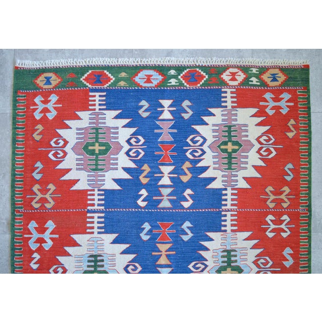 Blue Hand Woven Kilim Turkish Flat Weave Area Rug - 4′1″ × 5′10″ For Sale - Image 8 of 12