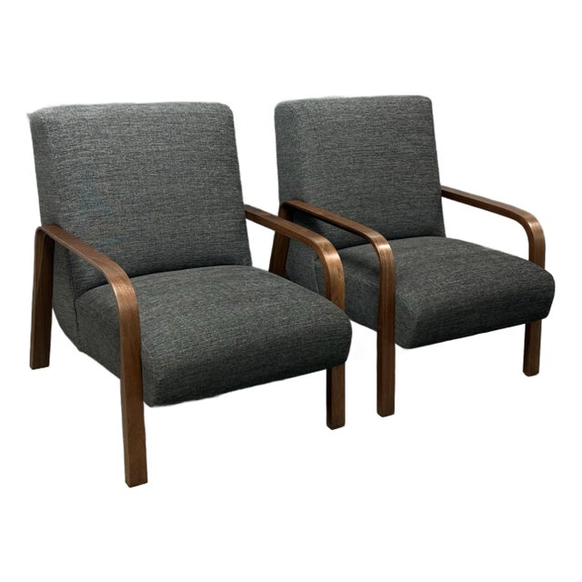Custom Made Felix Lounge Chairs With Charcoal Performance Linen, Pair For Sale