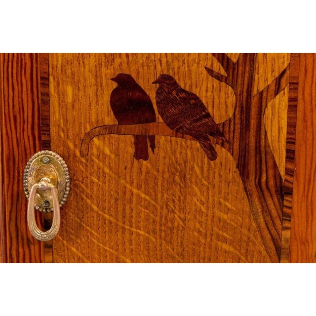 French Art Deco Pine Wood Wall Cabinet with Bird Marquetry & Mirror, 1930s For Sale - Image 6 of 18