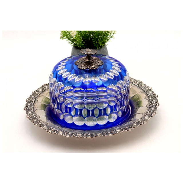 Metal Cheese Bowl in Blue Cut Glass with Silver Plate, Set of 2 For Sale - Image 7 of 7