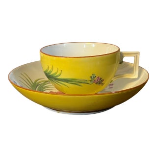 Antique 19th Century Meissen Porcelain Tea Cup and Saucer With Tropical Floral Decoration on a Bright Yellow Ground For Sale