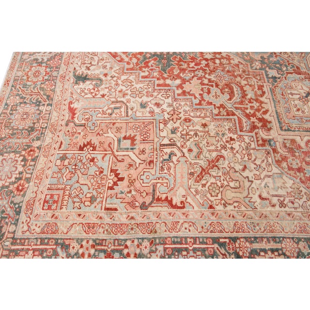 Antique Persian Heriz Wool Rug Handmade in Red Featuring a Medallion Motif For Sale - Image 9 of 10