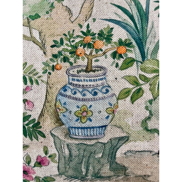 Indian Large Bolster Pillow Decorated With an Exotic Scene of Elephants Beneath a Cool Canopy of Palm Trees and Pink Flowers - Made in U K For Sale - Image 3 of 12