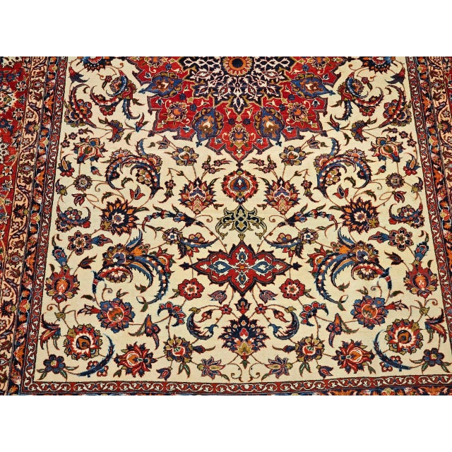Red Vintage Persian Isfahan Rug, Handwoven Floral Pattern, Ivory & Red, 7’ X 11’ For Sale - Image 8 of 12