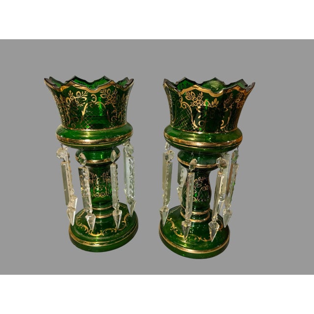 A pair of Antique Victorian Emerald Green Art Glass Mantle Lusters with hand painted gilt decorated accents and long...