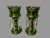 A pair of Antique Victorian Emerald Green Art Glass Mantle Lusters with hand painted gilt decorated accents and long...