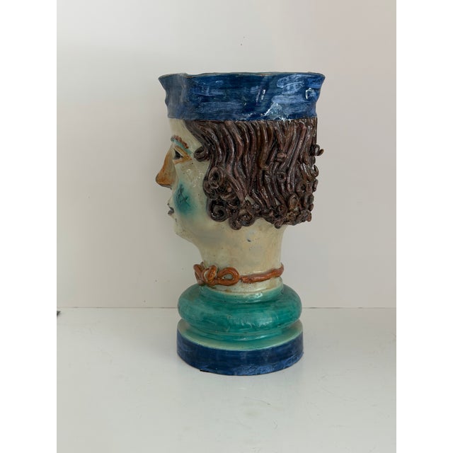 Rare Pair of Cantagalli Florence Renaissance Revival Majolica Figural Head Vases, Italy, Late 19th Century For Sale - Image 10 of 12