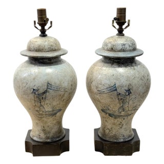Pair of Deft-Style Chinoiserie Urn Lamps with Banner-Bearer Decoration For Sale