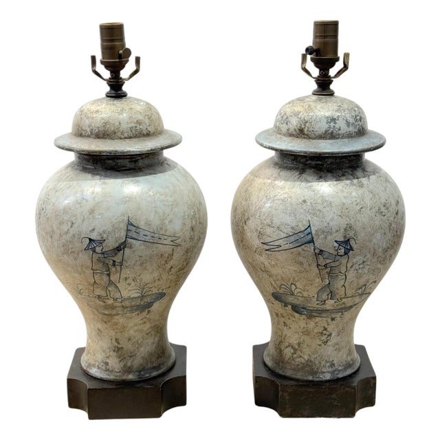 Pair of Deft-Style Chinoiserie Urn Lamps with Banner-Bearer Decoration For Sale