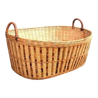 1970s Large Handled Two-Tone Wicker Basket For Sale