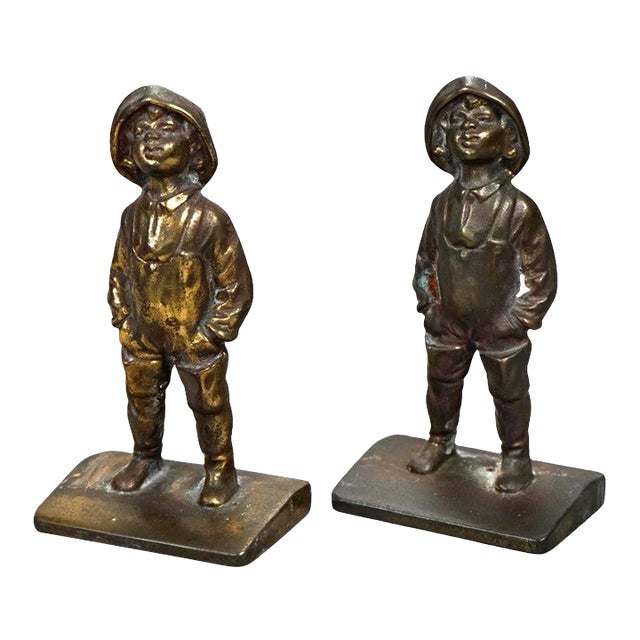 Antique Pair Bronzed Bookends, Young Boy, Circa 1920 For Sale