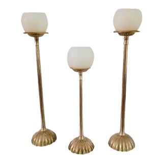 Vintage Brass Candlestick Set Scalloped Design Solid Brass Candle Holders Set of 3 Boho Classic Decor For Sale