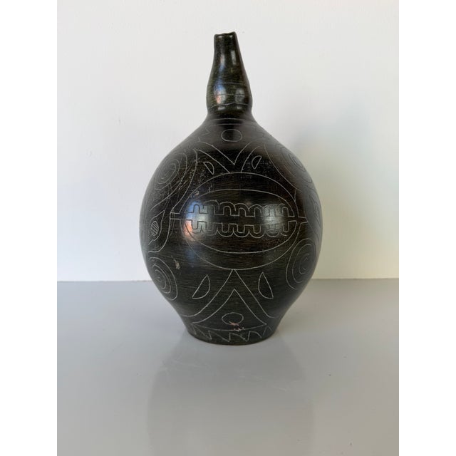 Vintage Organic Primitive Style Handcrafted Black Pottery Vase With Incised Tribal Motifs For Sale In Miami - Image 6 of 12