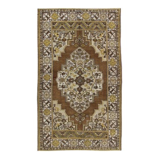 Mid 20th Century Mocha Brown, Chartreuse Vintage Turkish Oushak Rug With Ornate Floral Medallion For Sale
