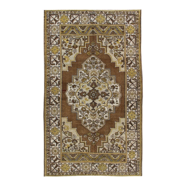 Mid 20th Century Mocha Brown, Chartreuse Vintage Turkish Oushak Rug With Ornate Floral Medallion For Sale