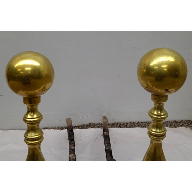 Pair of Late 19th Century Canon Ball Brass and Iron Andirons For Sale - Image 4 of 5