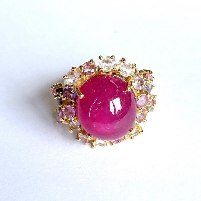 Bochic “Orient” Ruby & Multi Pastel Color Sapphire Cluster Ring Set 18K & Silver Natural Ruby - 14 Carats Cluster Multi...