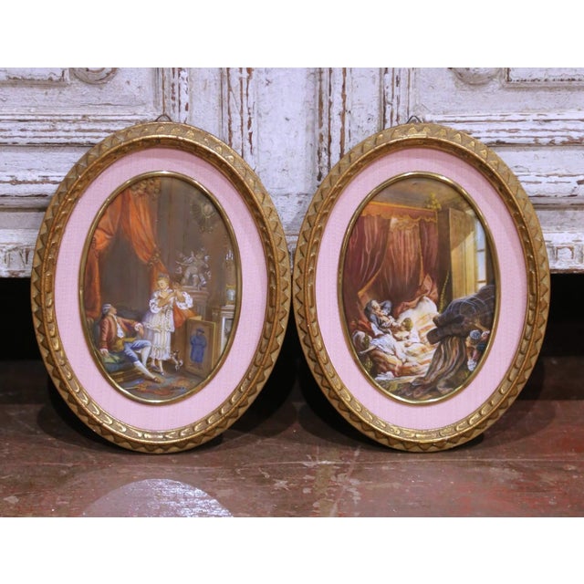 Pair Mid-Century French Painted Genre Scene Oval Glass Pendants in Gilt Frames For Sale - Image 9 of 11