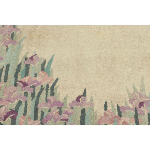 Rug & Kilim Antique Chinese Art Deco Oval Rug With Rising Irises and Lilac Border For Sale - Image 4 of 7