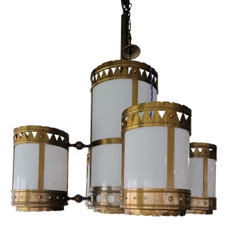 1920s Art Deco Gothic Pierced Brass With Milk Glass 5 Cylinder Theater Chandelier For Sale