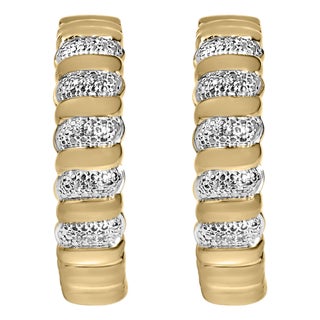 Gold Vermeil 1/10 Cttw Diamond Ribbed Design Hoop Earrings For Sale