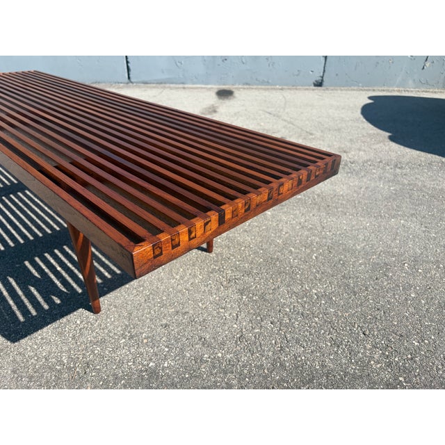 1950s Attributed to Mel Smilow Slatted Solid Walnut Mid-Century Modern Bench Table For Sale - Image 9 of 10